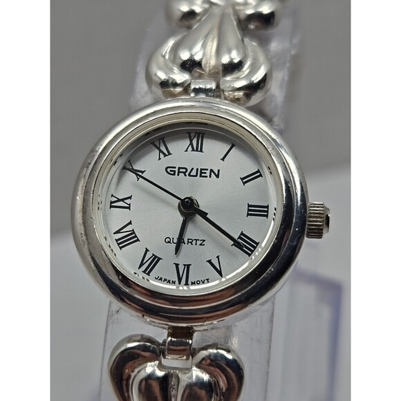 Vintage Gruen 925 Sterling Silver Heart Bracelet Quartz Watch Womens New Battery - Picture 4 of 11